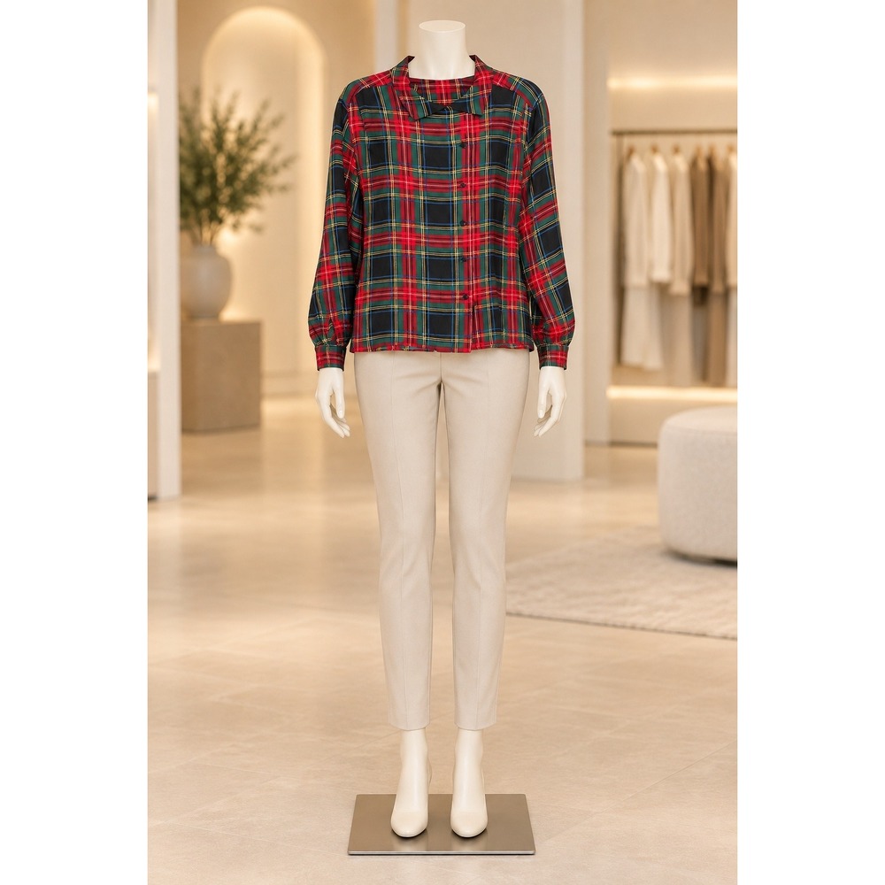 Preston & York Women Silk Button Up Shirt Red Green Tartan Plaid Size 10